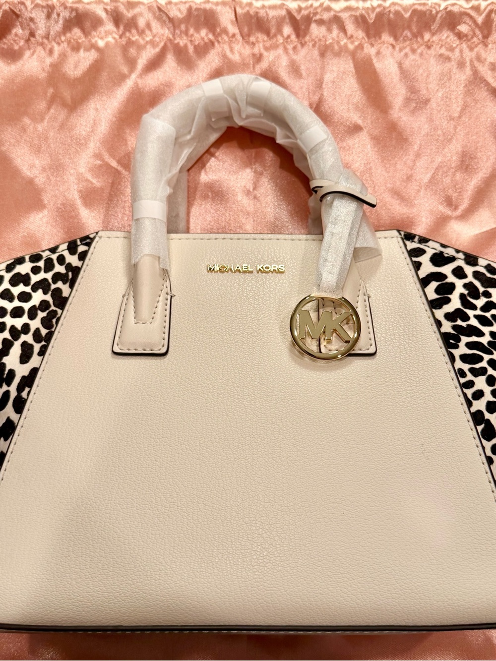 Michael Kors Avril Small Top Zip Satchel – Cream & Cheetah Print (NWT)